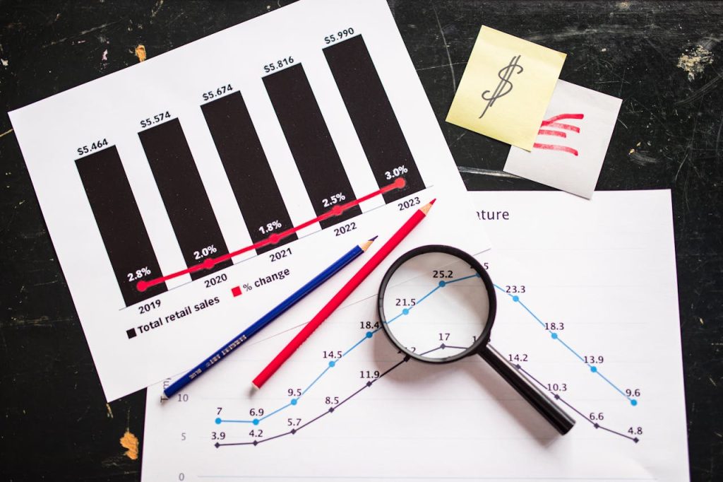 black-and-white-round-magnifying-glass-on-white-printer-paper-7947758 Charts and graphs highlighting retail sales growth, utilizing a magnifying glass for detail.